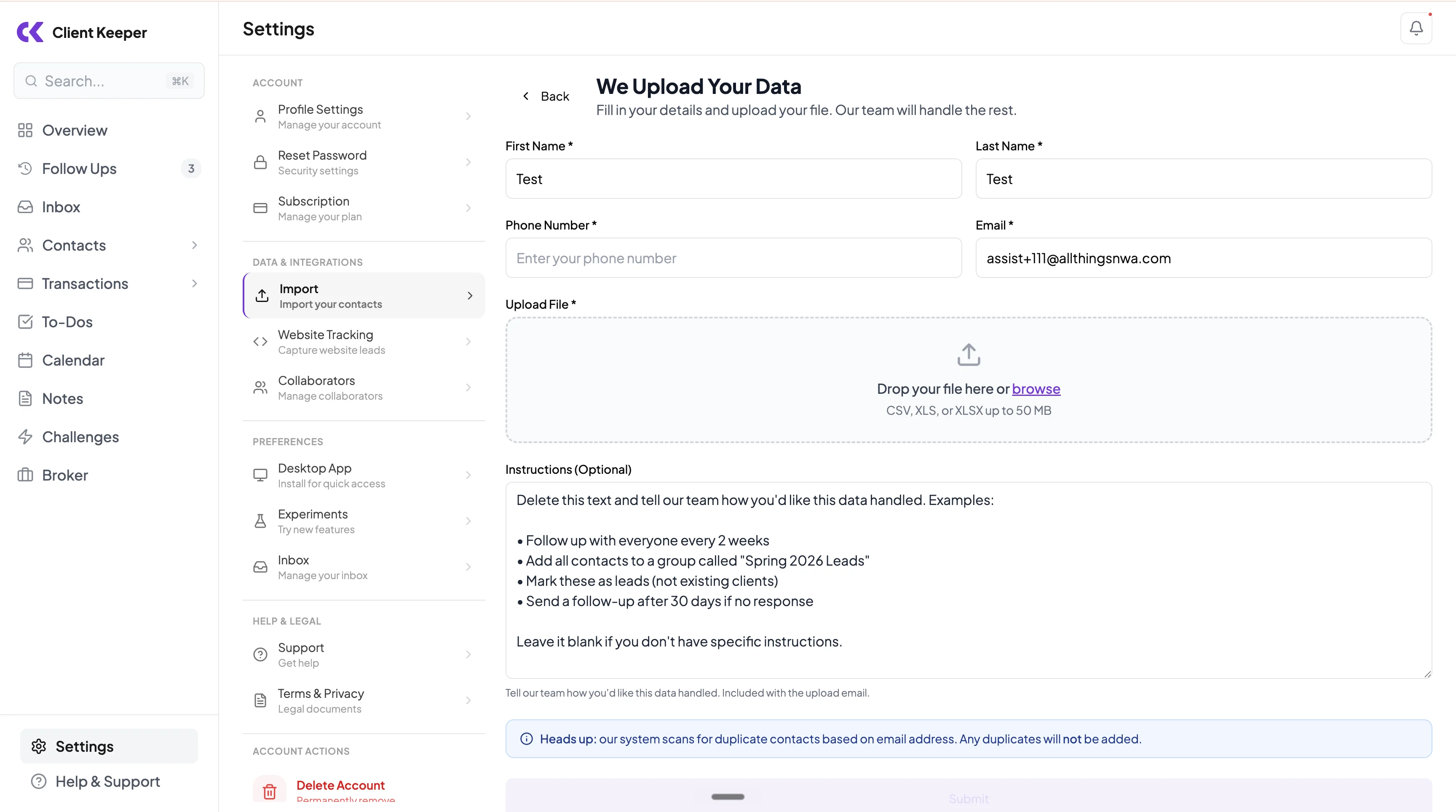 Client Keeper concierge upload screen with file upload, instructions, and duplicate warning.