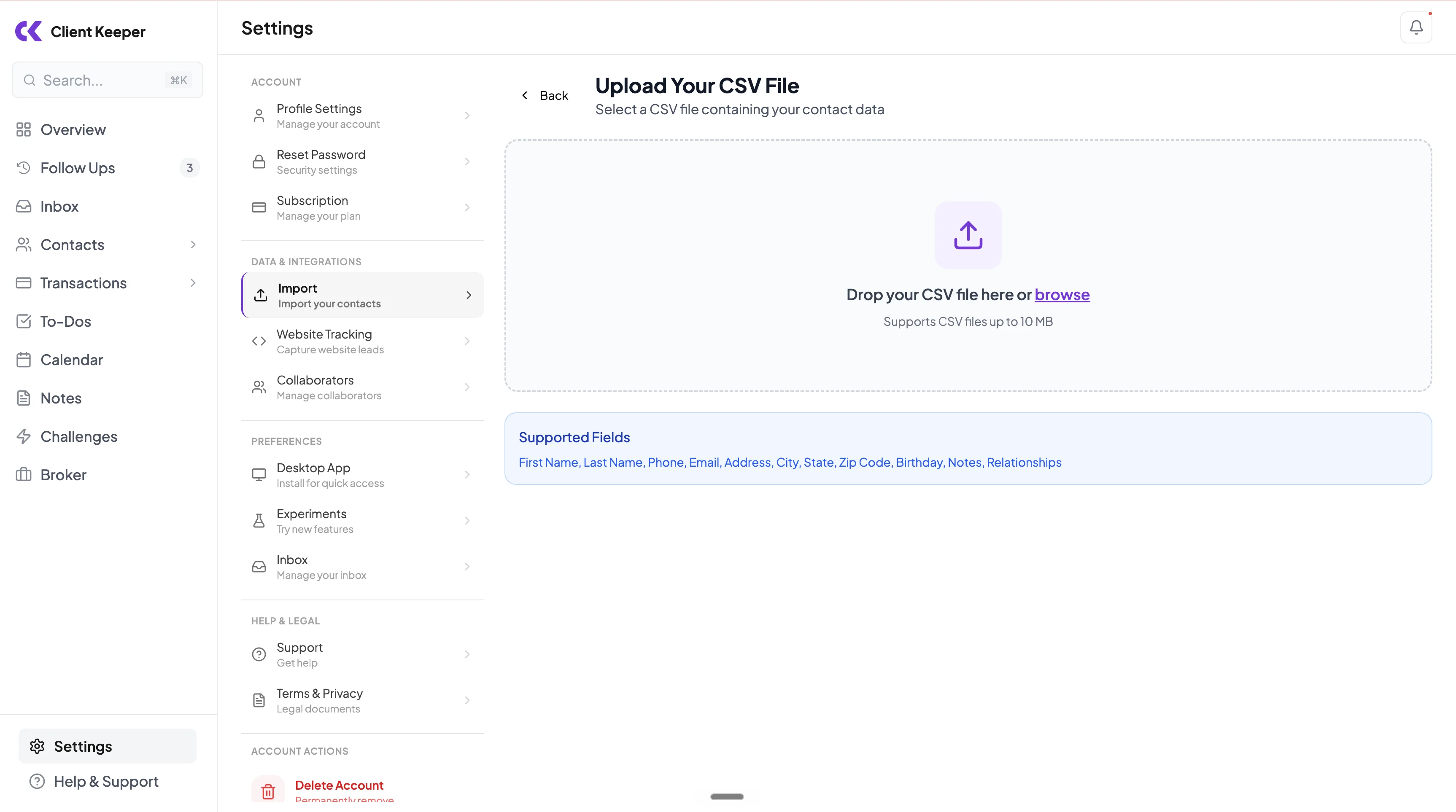 Client Keeper CSV upload screen showing supported contact fields.