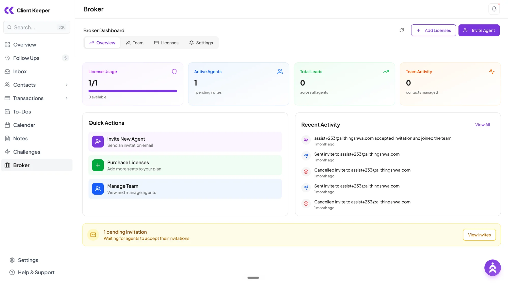 Broker dashboard with license usage, active agents, total leads, team activity, and recent actions for a small brokerage.