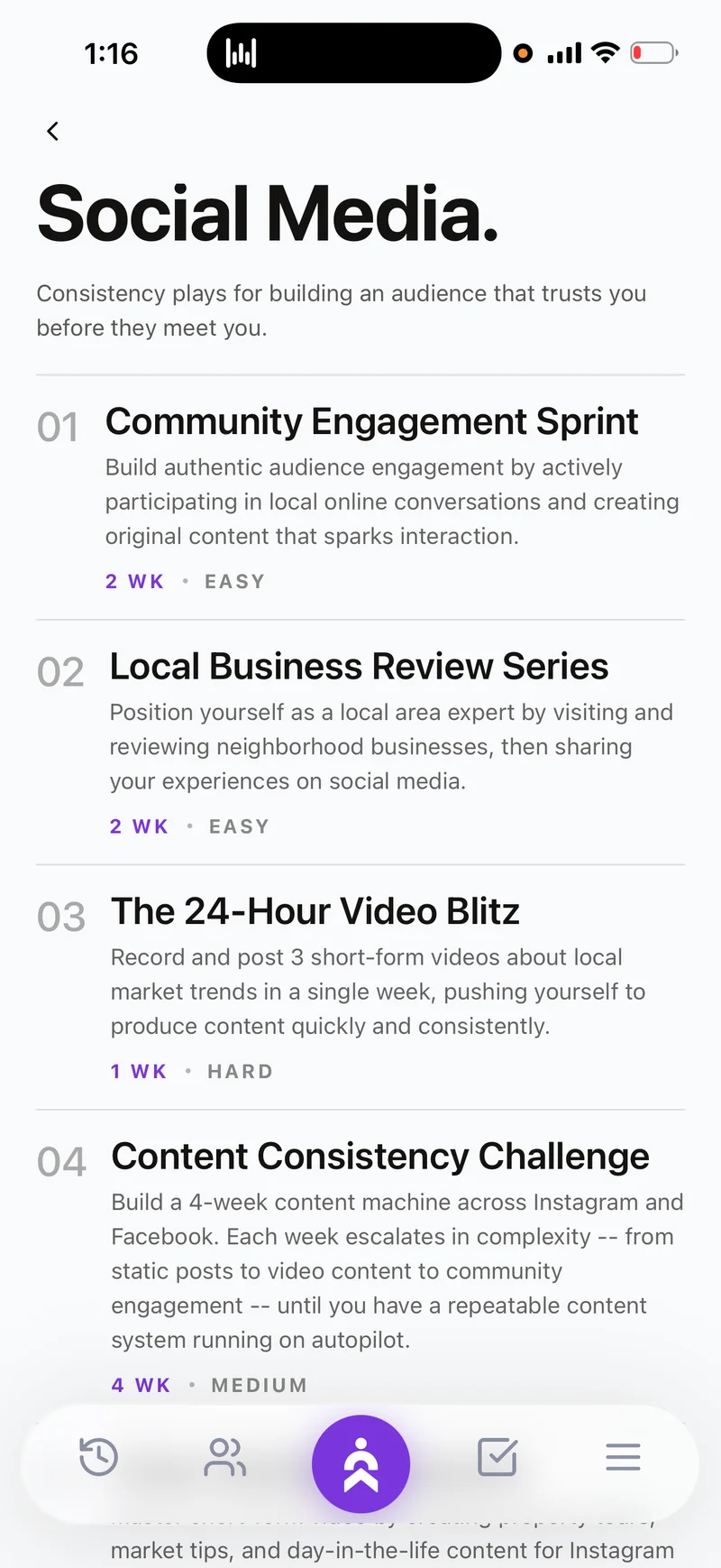 Challenge category list on mobile with duration and difficulty tags on each entry.