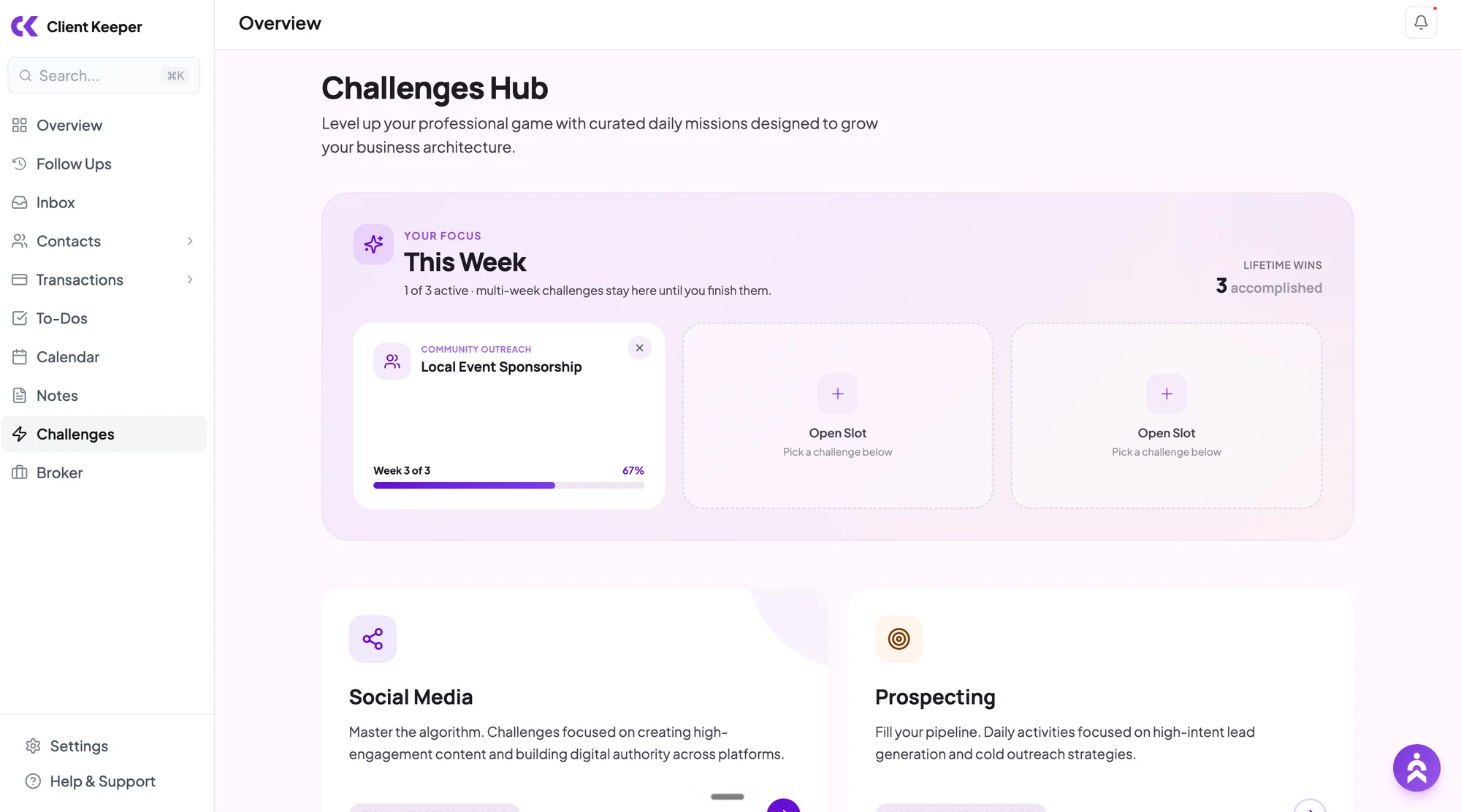Challenges Hub showing the active weekly focus and five category tiles.