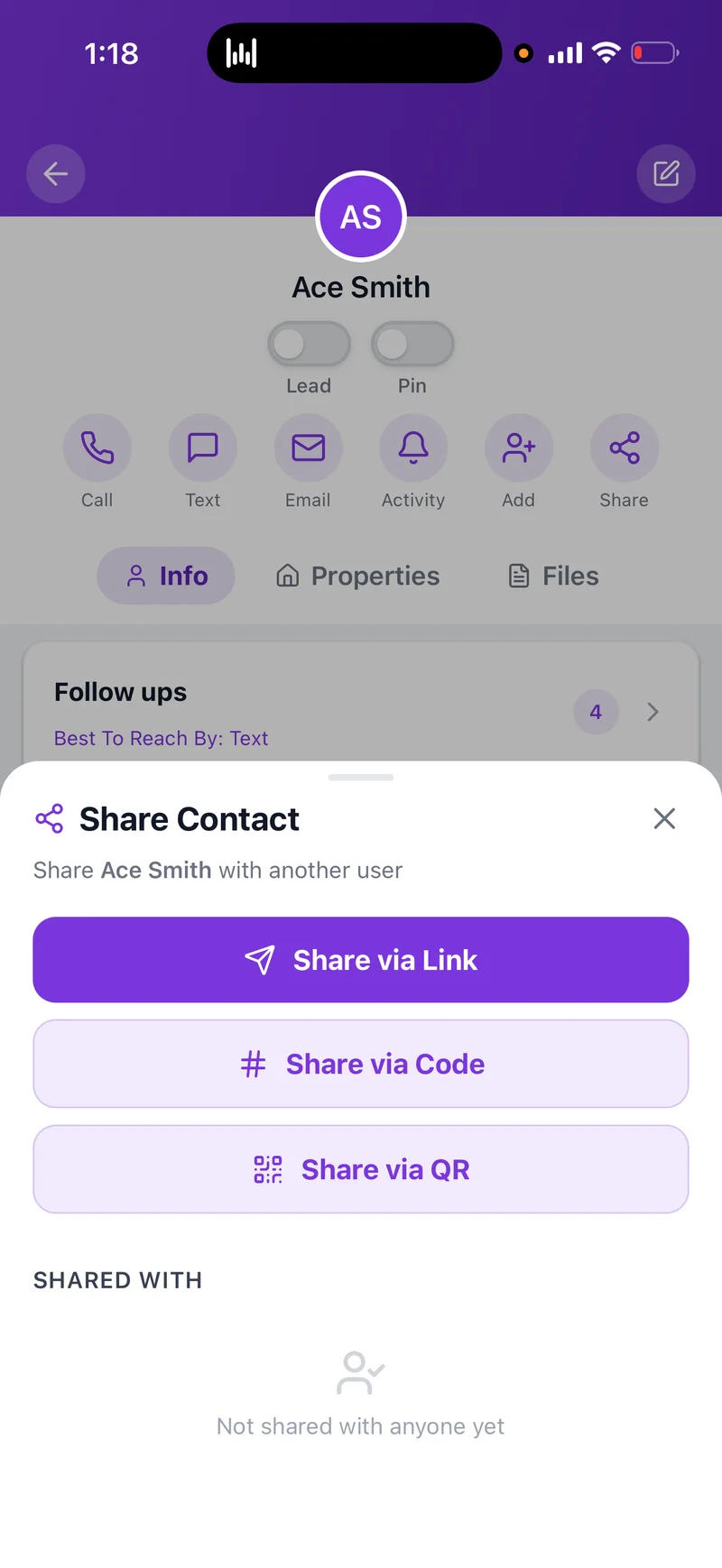 Mobile share sheet showing the three-step contact share flow.
