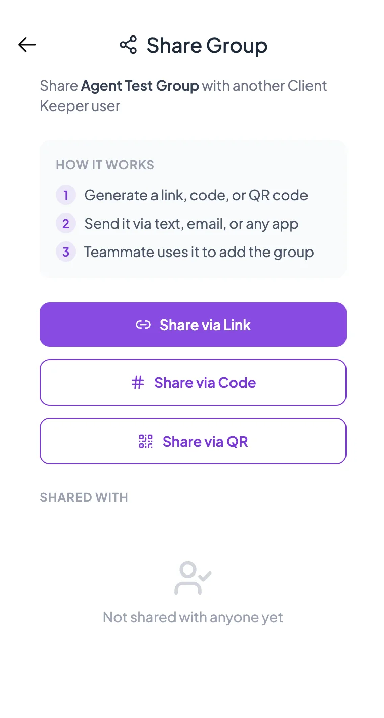 Share Group panel sharing Agent Test Group with another Client Keeper user.