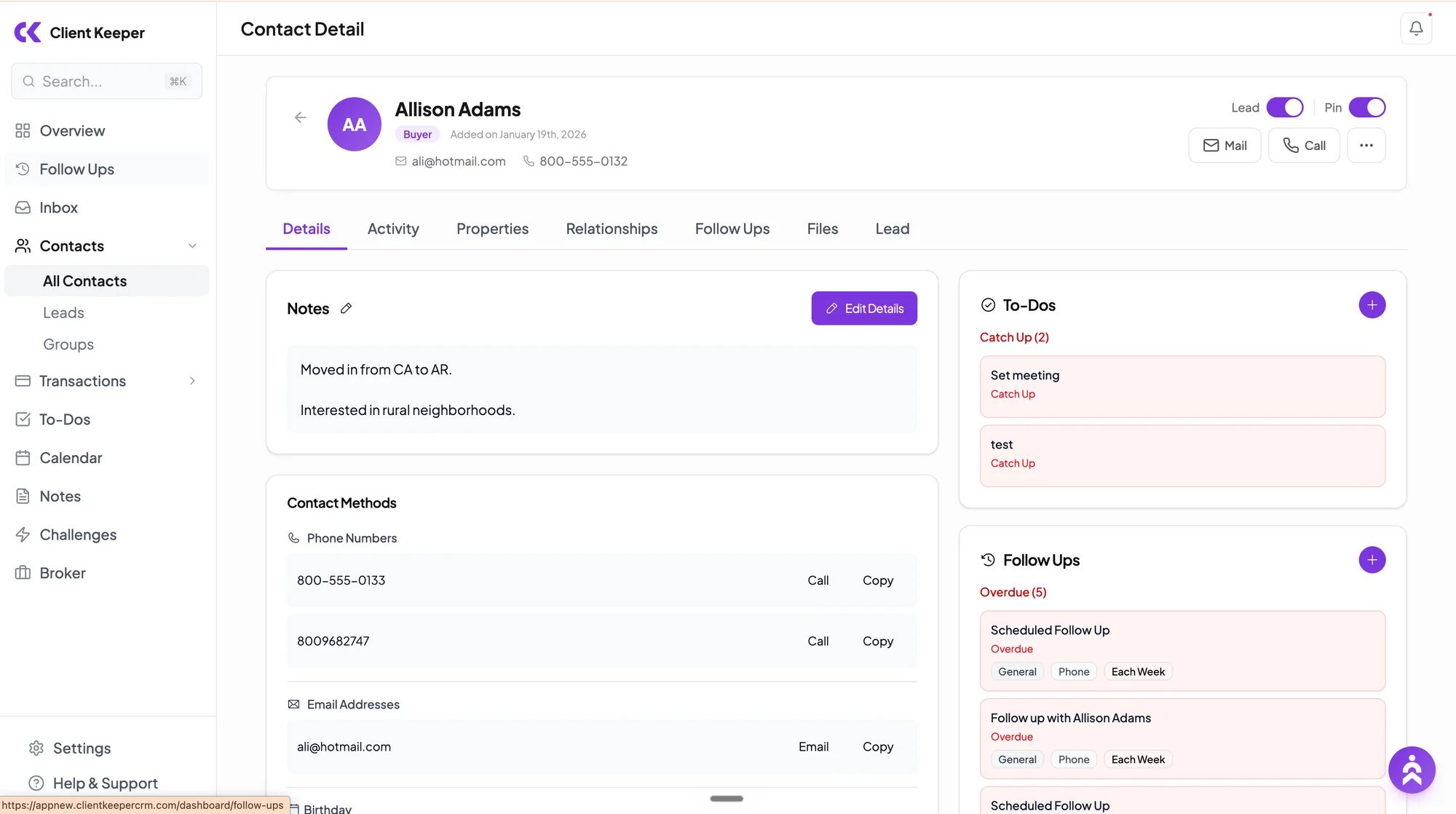 Contact detail page showing the linked transaction alongside notes and follow-ups.