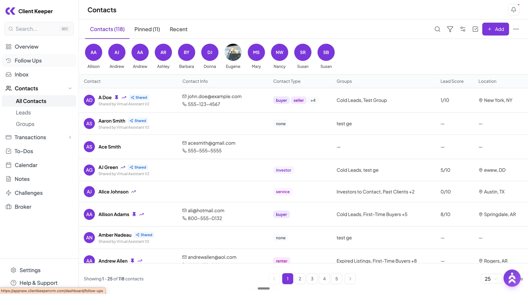 Client Keeper contacts list with buyer, seller, and sphere tags, lead scores, and location filters.