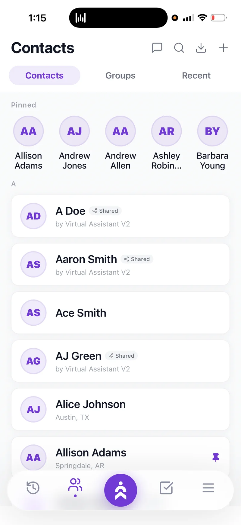 Client Keeper mobile contacts screen with pinned clients at the top and recent contacts below.