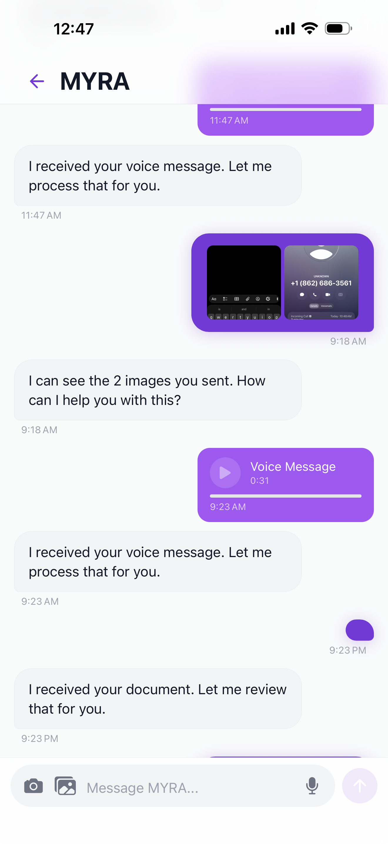 MYRA mobile conversation showing a voice message and processing replies.