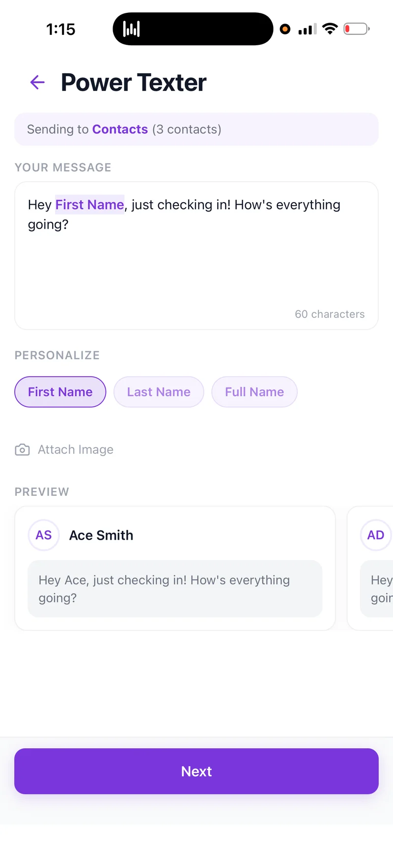 Client Keeper power texting compose screen with First Name token and message preview.