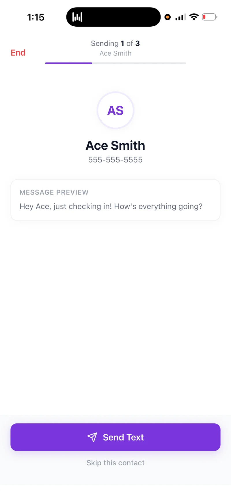 Power texting sending screen showing one contact at a time with send and skip buttons.