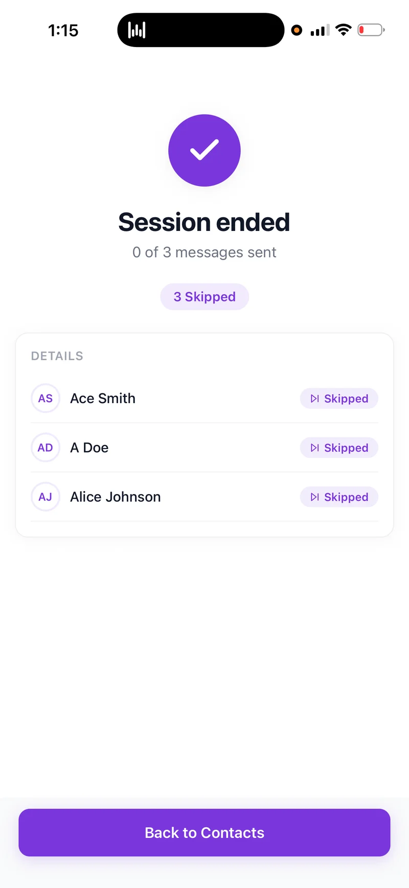 Power texting session ended summary showing messages sent and skipped count.
