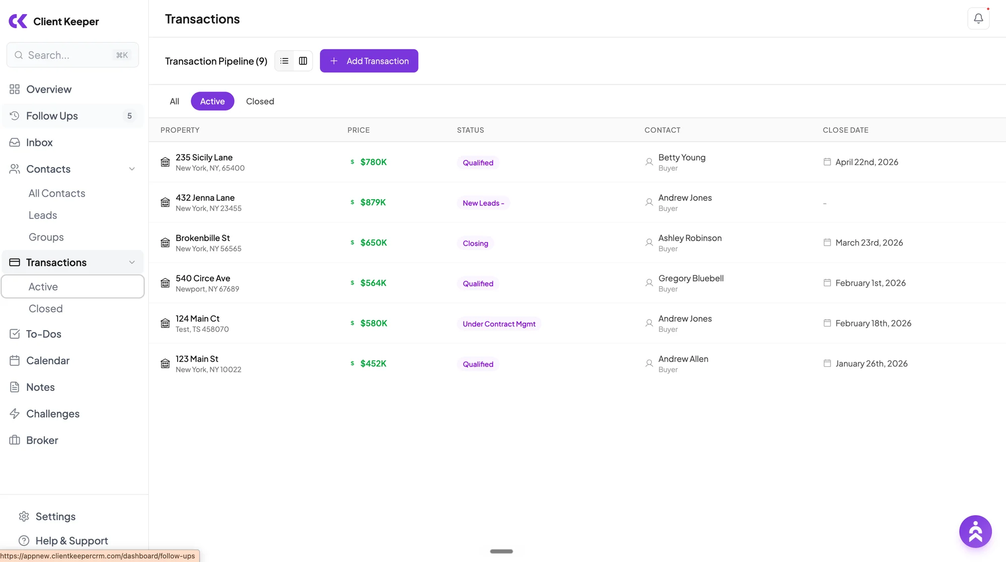 Active transactions list with status, price, closing date and property for each client.
