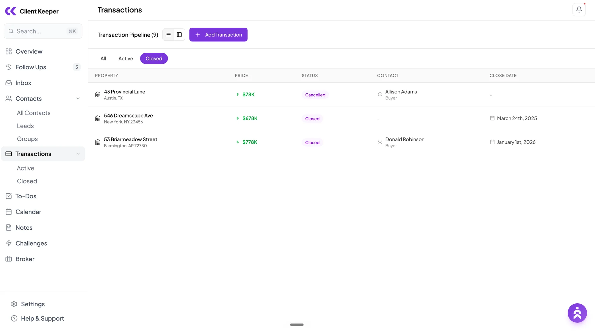 Closed transactions tab showing past clients with sale price and close date.